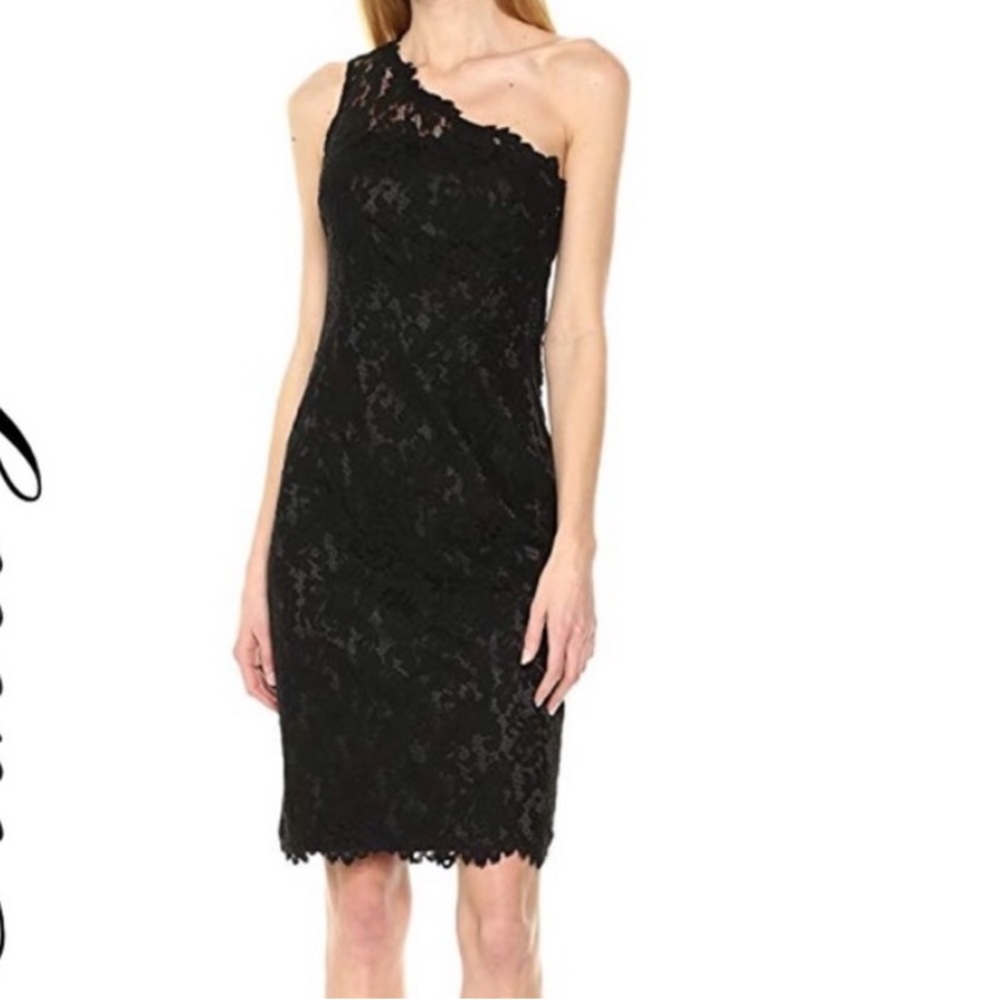 Eliza J Black Lace One-Shoulder Midi Dress